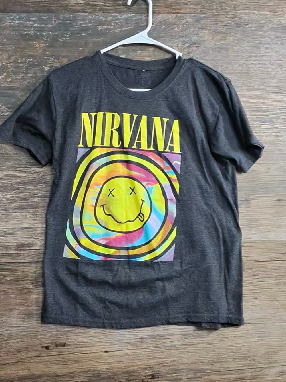 NIRVANA Charcoal Short Sleeve Tee with Yellow Multicolor Smiley